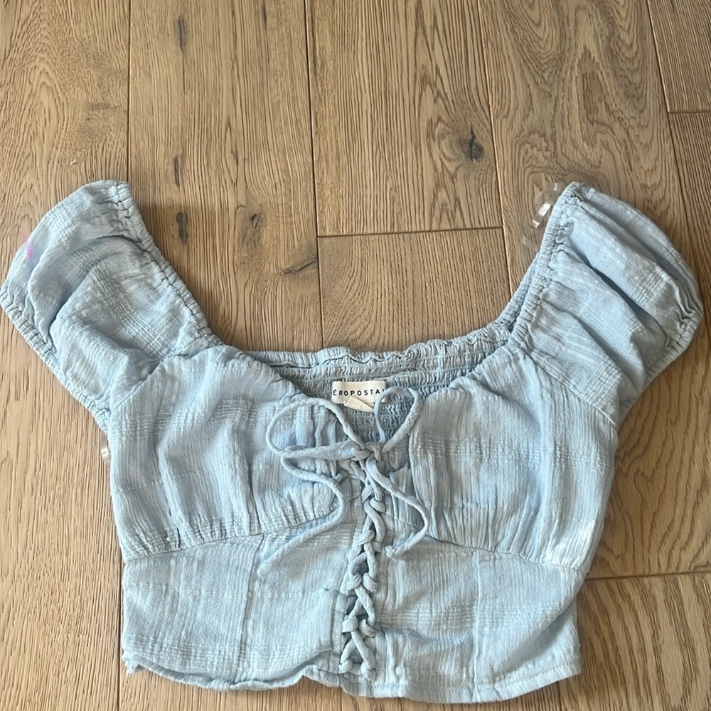Aeropostale blue girly corset bubble sleeve crop top